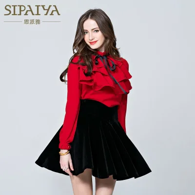 
2021 autumn new Korean edition high collar pure color long sleeve shirt fashion O L top 