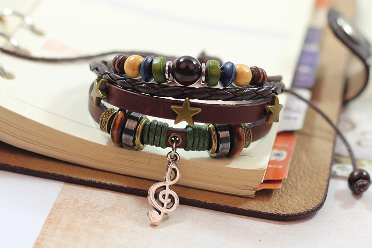 Women men crystal bead wood beads hemp rope braided multilayer metal stars leather bracelet with musical note pendant