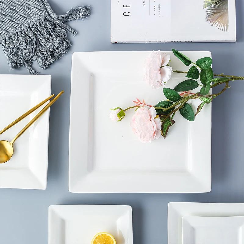Pure White Ceramic Cuisine Square Pasta Tray Sushi Dinner Plate Household Bone China Tableware