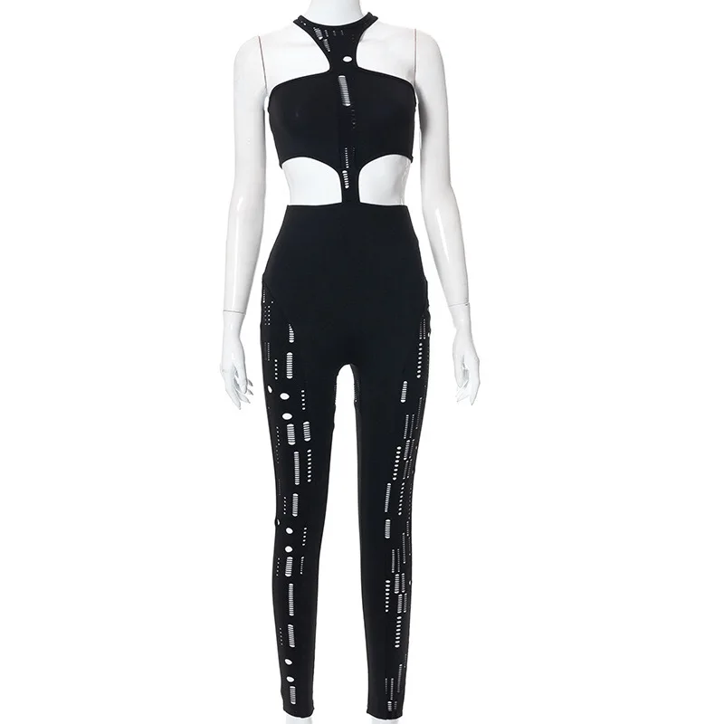 2022 Hot Sale Women Sexy Summer New Arrivals Cut-out Solid Color Sleeveless O Neck Lady Jumpsuit
