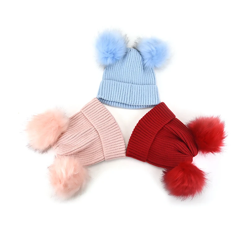 Cute Baby Beanie Kids Winter Fur Pompom Hat Organic Cotton Knitted Toddler Double Pom Beanie Cap for Girls Boys