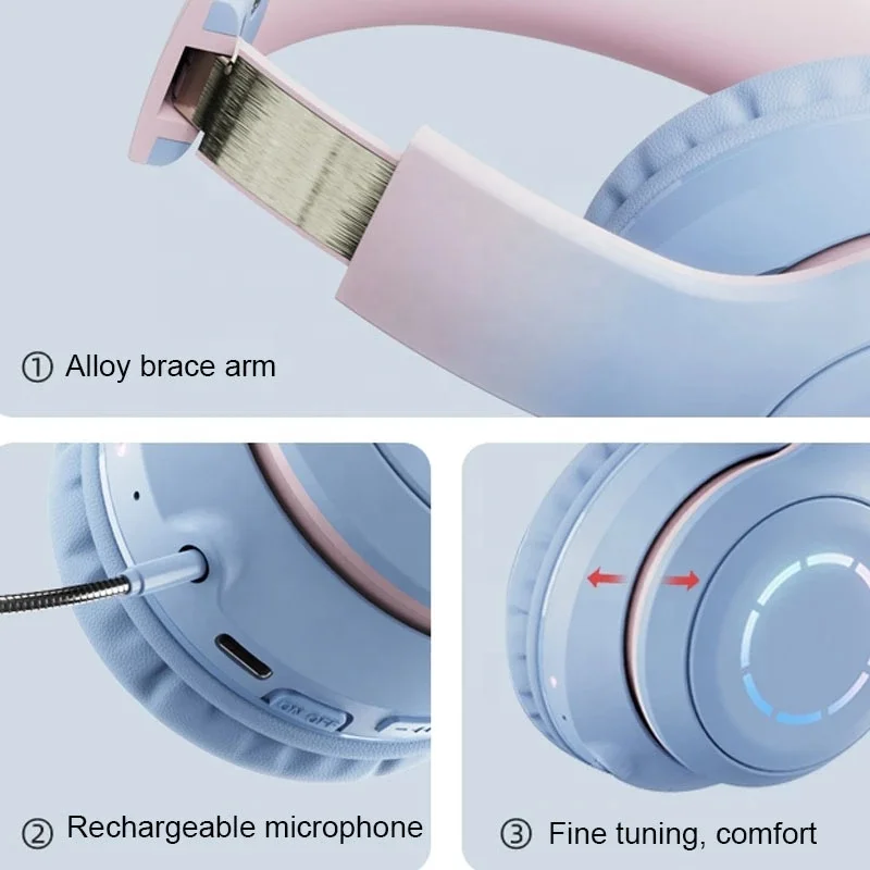 Christmas Gifts Lovely Cat Ears Gradient Colorful LED Light Foldable Wireless Headphone Gaming cute headphones for girls bt029c