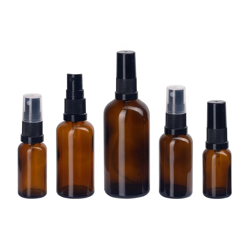 brown glass bottles 100 ml 50ml 30ml 20ml 15ml 10ml 5ml amber glass bottle cosmetic spray bottle with 18mm black fine mist spray