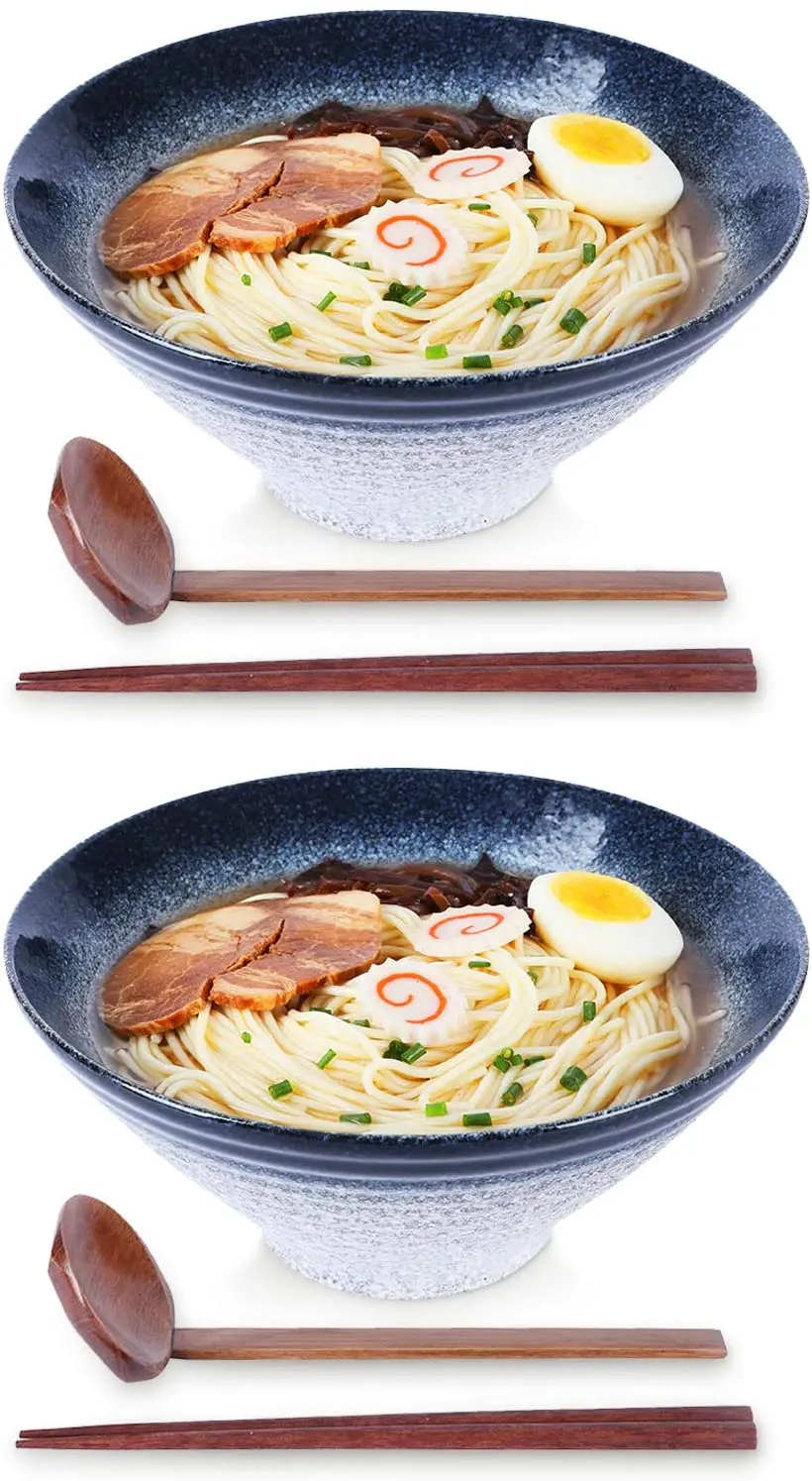 Ramen Noodle Soup Bowl 2 Sets Matching Spoon Chopsticks Udon Soba Pho Asian Noodles Large