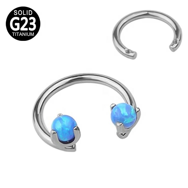 Titanium piercing jewelry internally threaded CBR horseshoe circular barbell with prong set opal stone top
