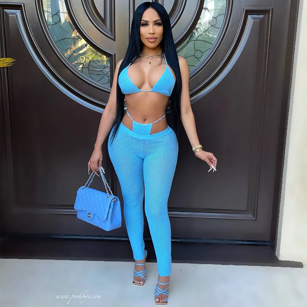 New Arrivals Summer Outfits Clothes Women Knit Set Sexy Halter Bra Top Crochet Pants Women Custom Crochet Two Piece Set