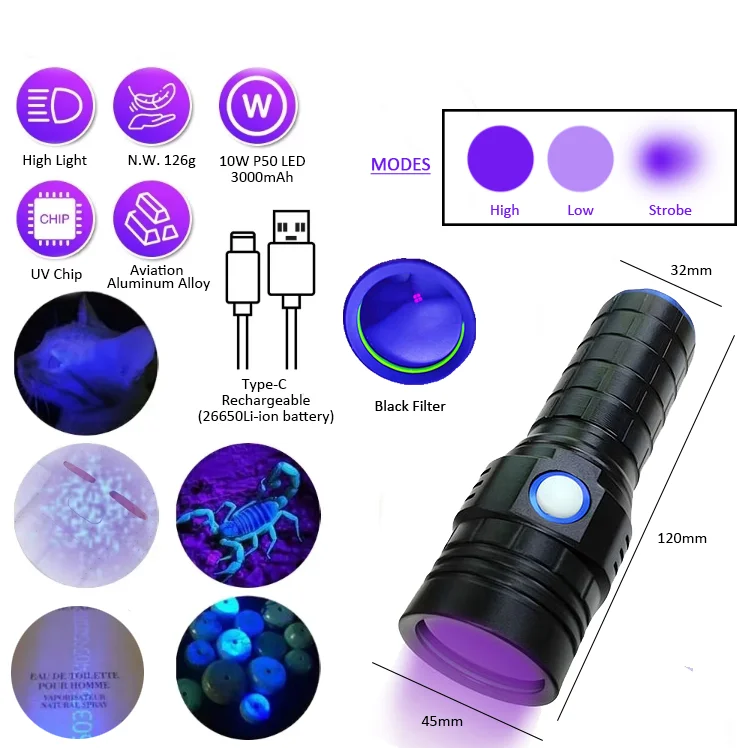365nm UV Flashlight with Black Filter waterproof Cat Dog Urine Stain Money Leakage Scorpion Leakage jade phosphor inspection