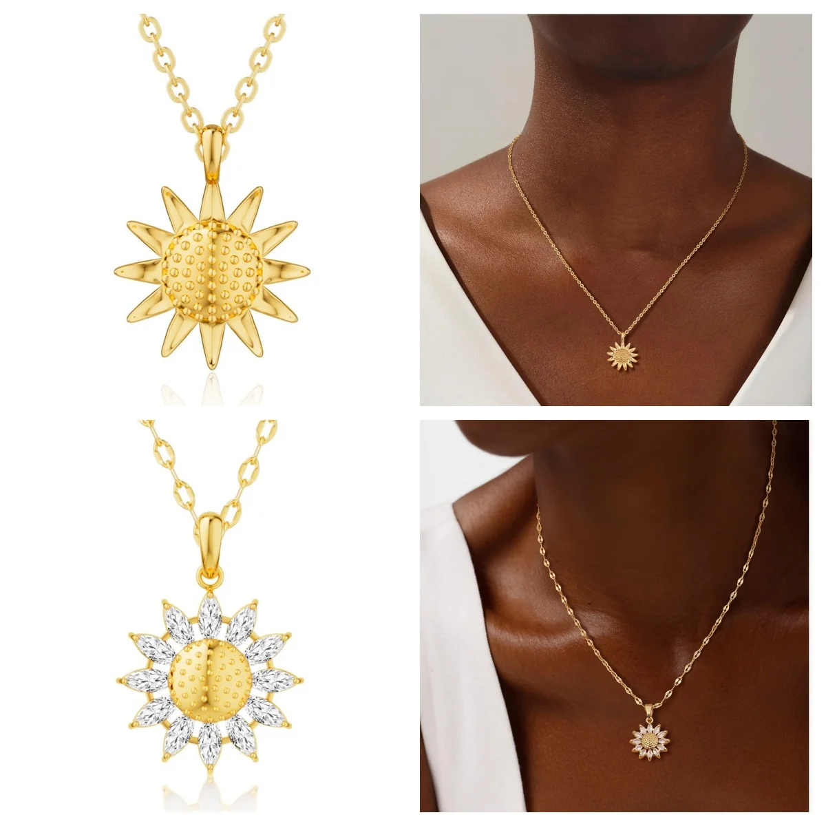 Minimalist Non Tarnish 18k Gold Plated Jewelry Hypoallergenic Double Layer 925 Silver Zircon Moon Sun Flower Necklace for Women