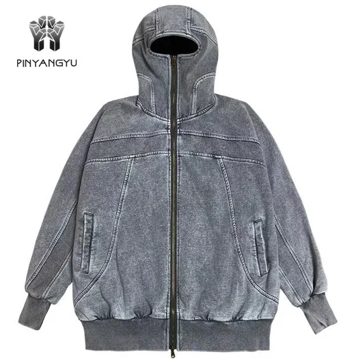 Low Moq Wholesale Drop Shoulder Acid Wash Vintage Hoodie Men Full Face Hood Half Zip Up Retro Ninja Hoodie