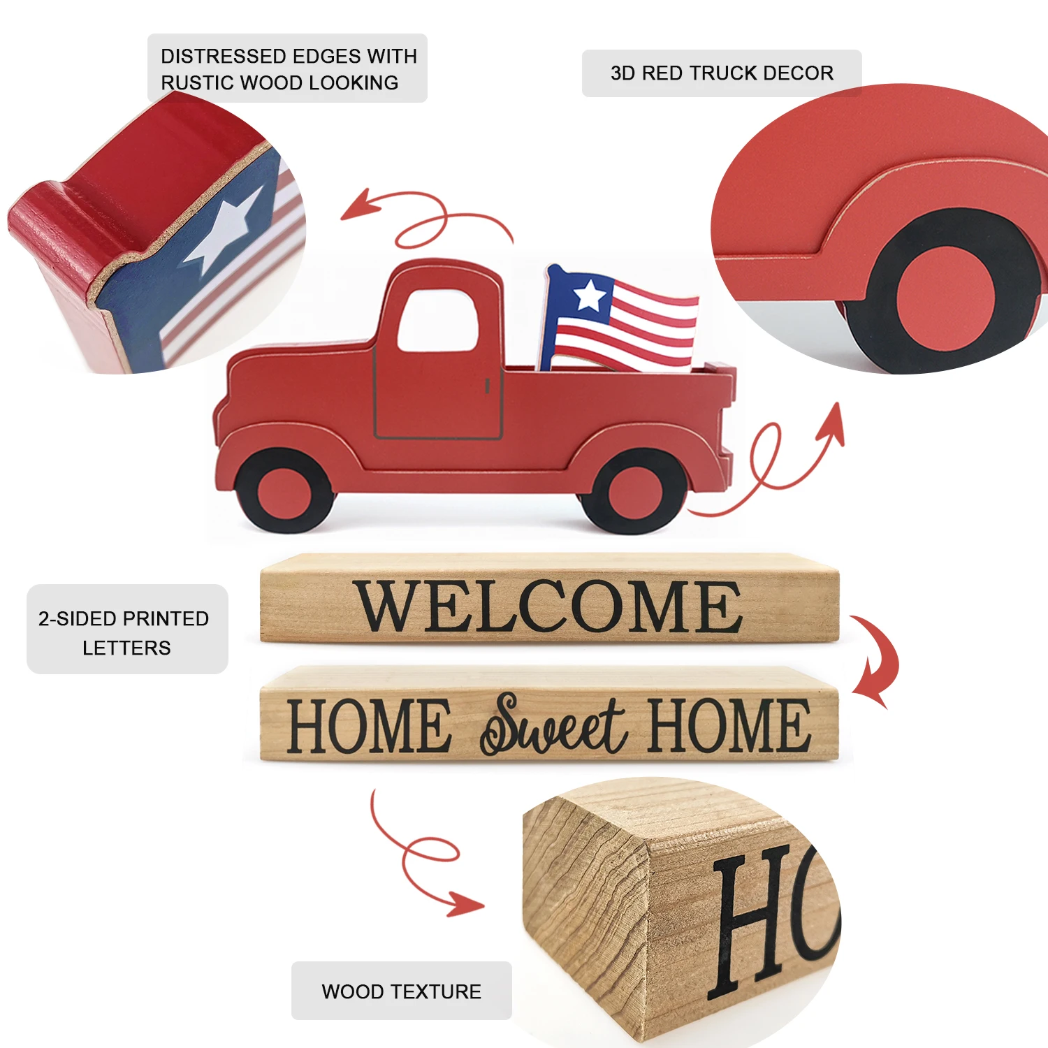 Home Decor International Day Decoration Wooden Red Truck Welcome Sign Tabletop with Interchangeable Icons