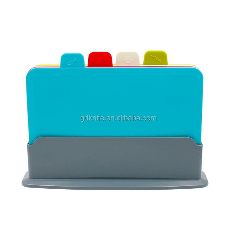 Food grade 4pcs set plastic non-slip food icons index cutting board with stand