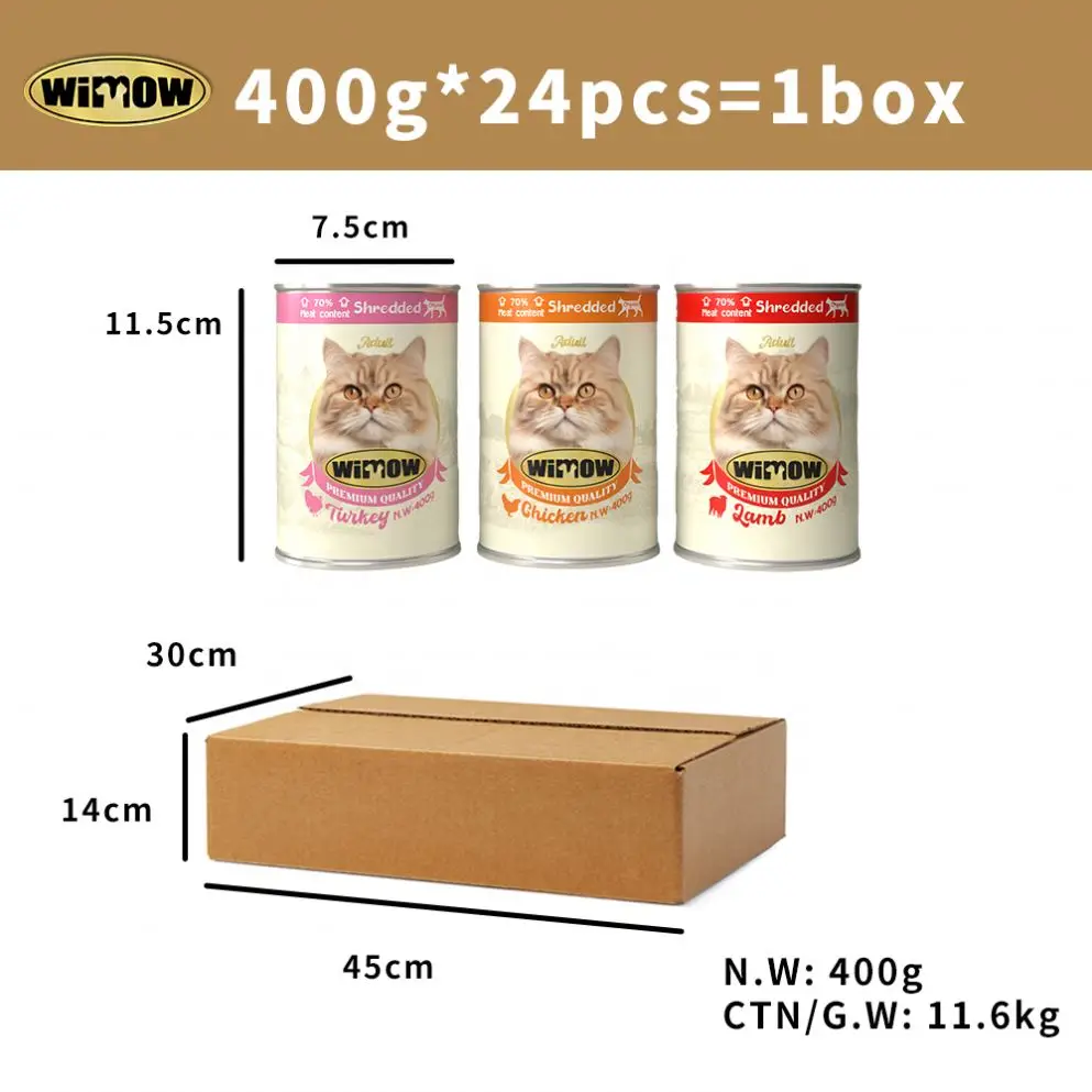 Wimow pet wet food shredded  400g  70% chicken /lamb/ turkey meat Pet cat  food