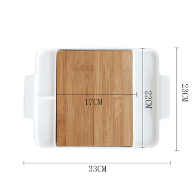 Creative 12.5inch Rectangle Matte Glazed Ceramic Plate With Removable Bamboo Board White Divide Steak Dinner Plate