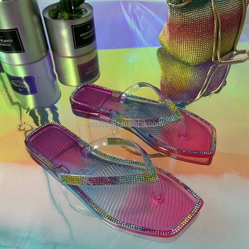 Hot selling rhinestones Crystal Jelly sandals Multi color slides slippers for women ladies candy color flat sandals Flip flops