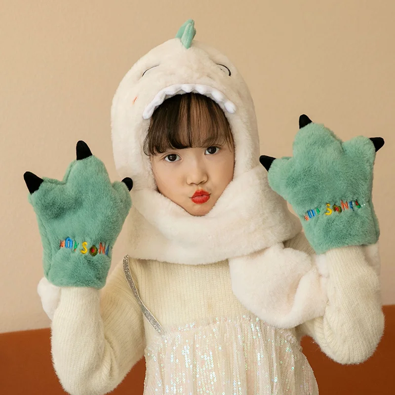 Cute animal thermal children hoodie beanie warm fur hat winter kids hat scarf and gloves set