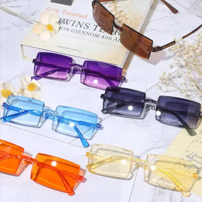 Retro Summer Outdoor Shades Rectangular Eyeglasses Rectangle Candy Color Rimless Frameless Sunglasses For Women Men
