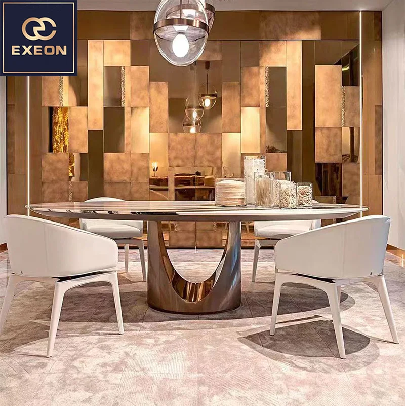 Modern Long Ellipse Oval Home Furniture Dining Room Hotel Villa Stainless Steel Marble Design Metal Dining Table Set