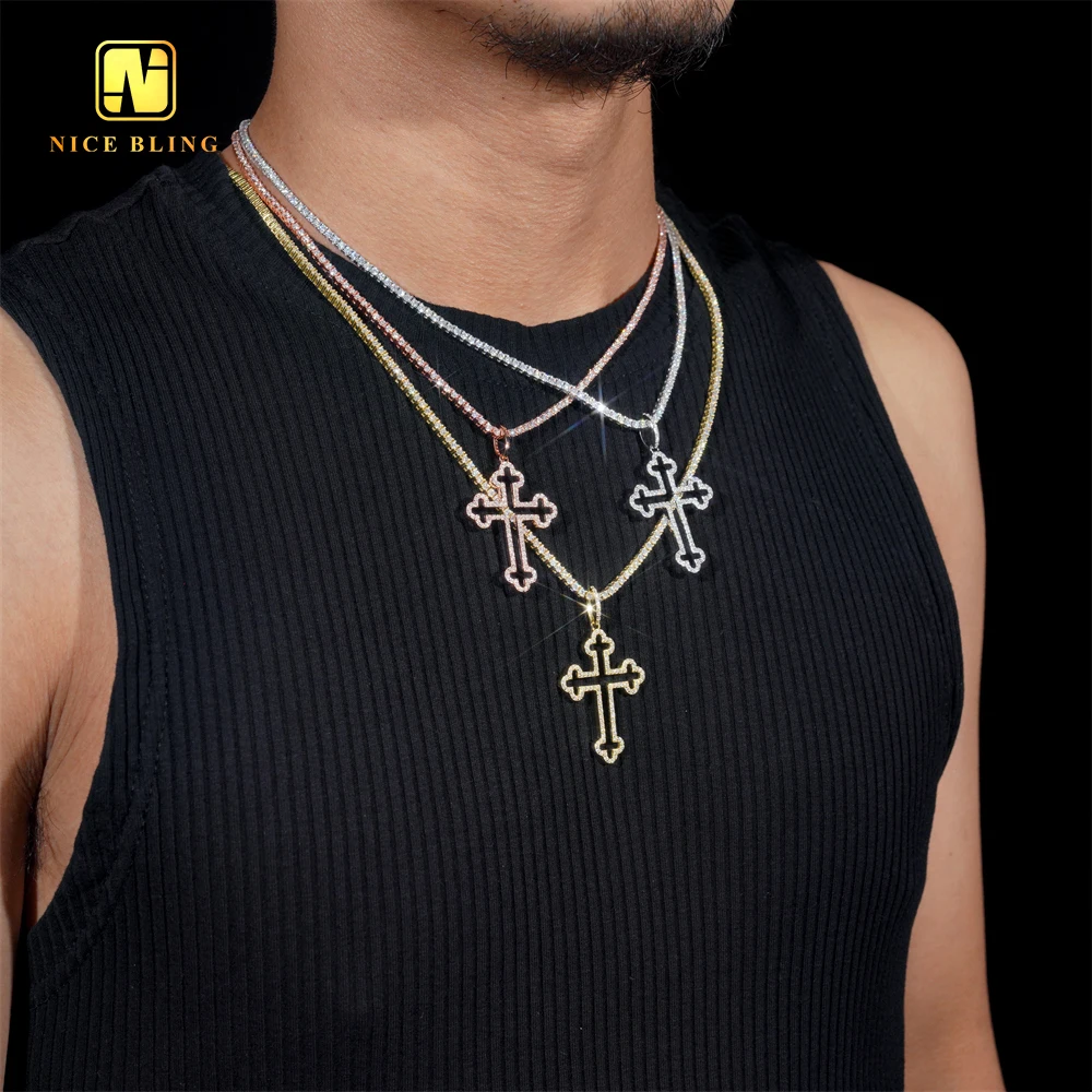 Hip Hop Jewelry 925 Silver Moissanite Diamond Cross Pendant Unisex Charm Iced Out Cross Pendant with Cz Tennis Chain