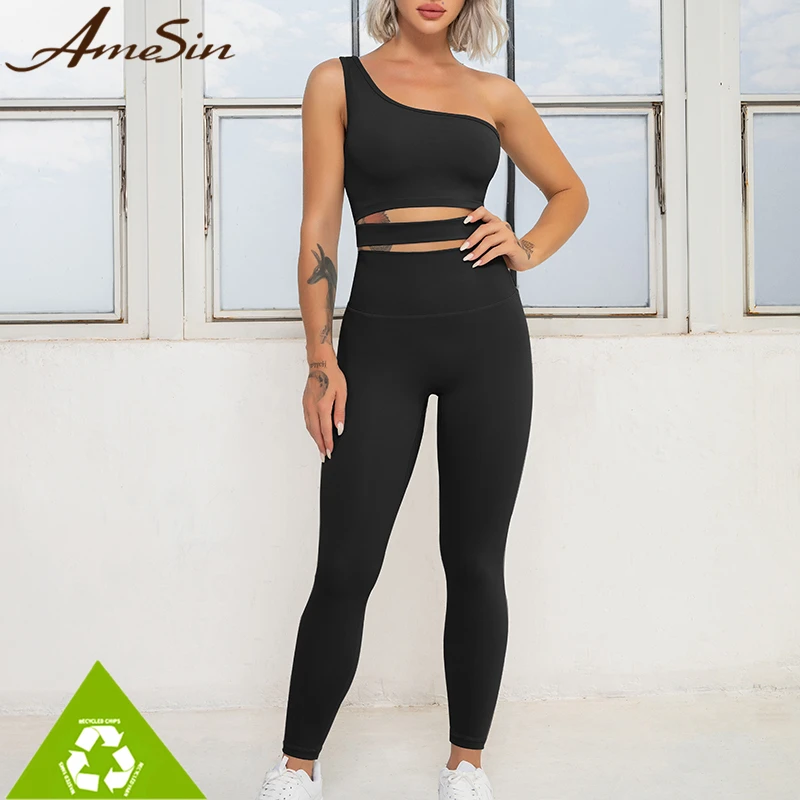 2022 TIKTOK HOT AmeSin Instill SUSTAINABLE Hight Waist Legging One Shoulder Sport Bra Women Workout Sets And Yoga Set Clothes