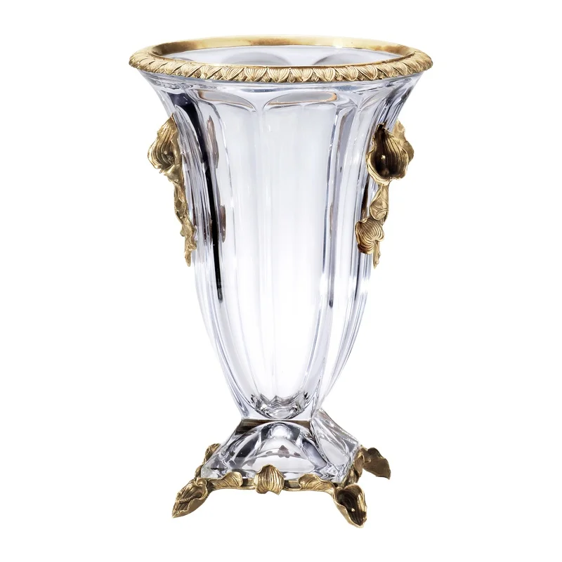 Factory Price Itaian Classical Style Decoration Exquisite Clear Crystal Glass Bud Vases with Antique Luxury Brass Flowers Vase