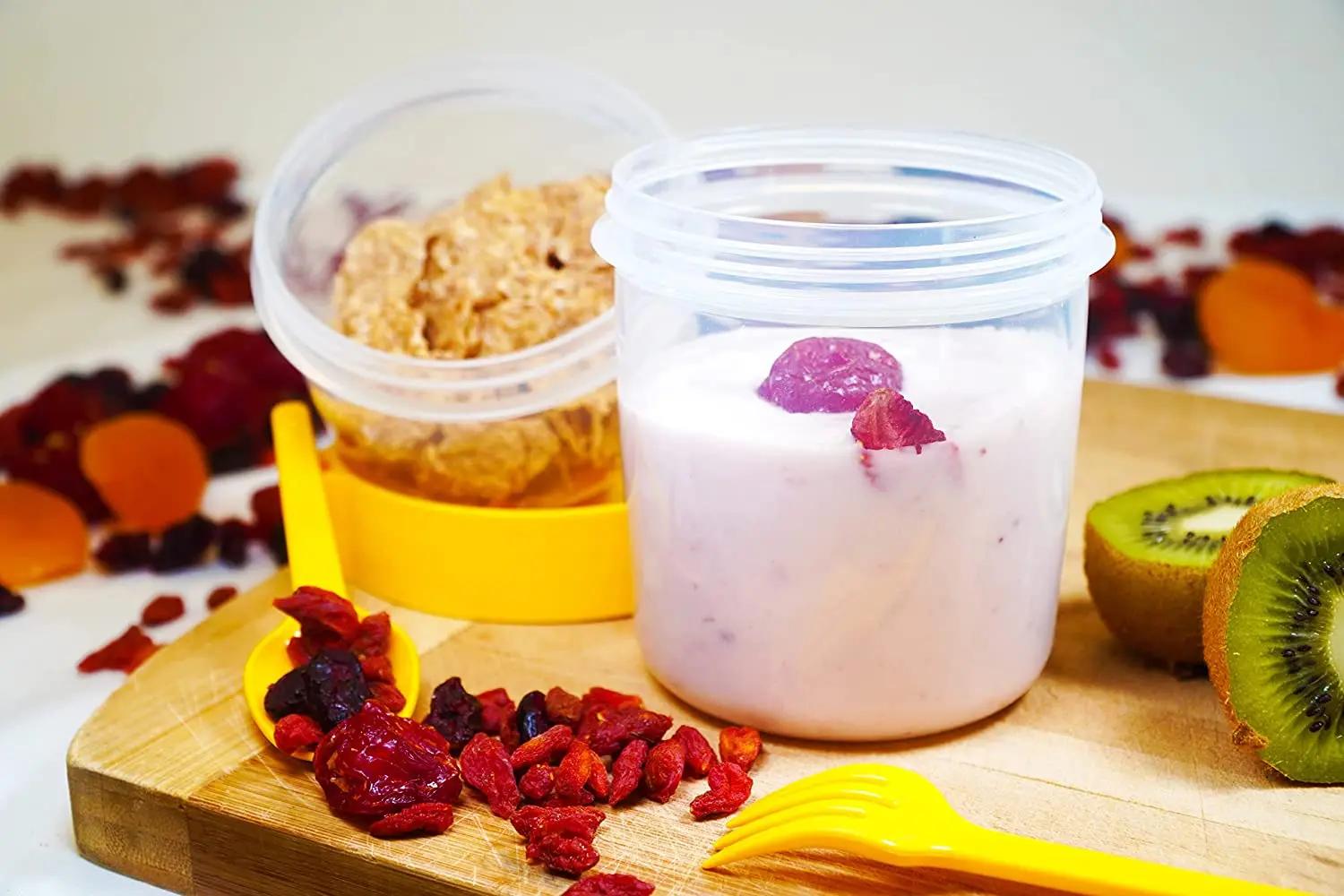 Breakfast on The Go and Go Yogurt Cup with Topping Cereal Cup with Spoon and Fork Oatmeal Container Jar Food Container Plastic