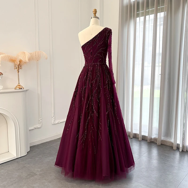 Lscz144-2 Luxury Dubai One Shoulder Fuchsia Evening Dresses For Women Wedding Elegant Arabic Long Sleeve Formal Gowns