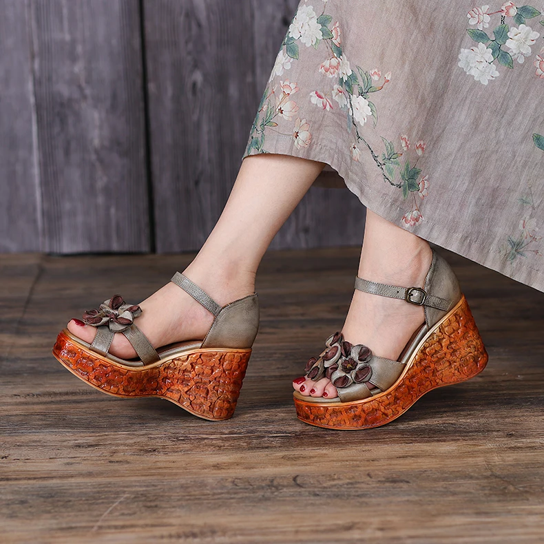 Genuine Leather Sandals Handmade Flowers Summer Shoes Woman Wedges High Heel Shoes Retro Ethnic Height Increasing Ladies Shoes