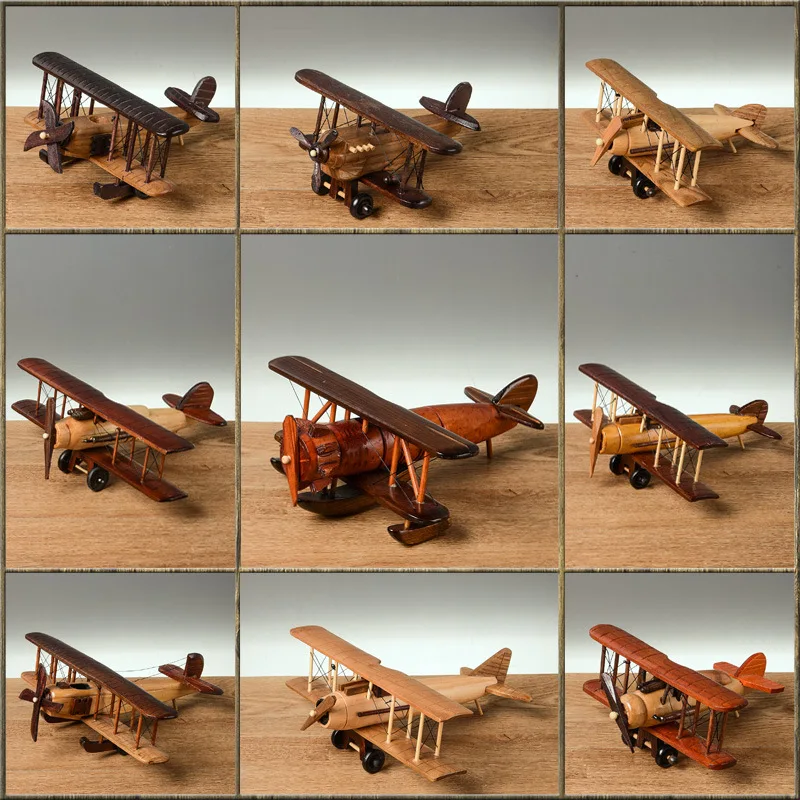 European retro and nostalgic wooden aircraft model, creative home decoration, handmade wooden craft