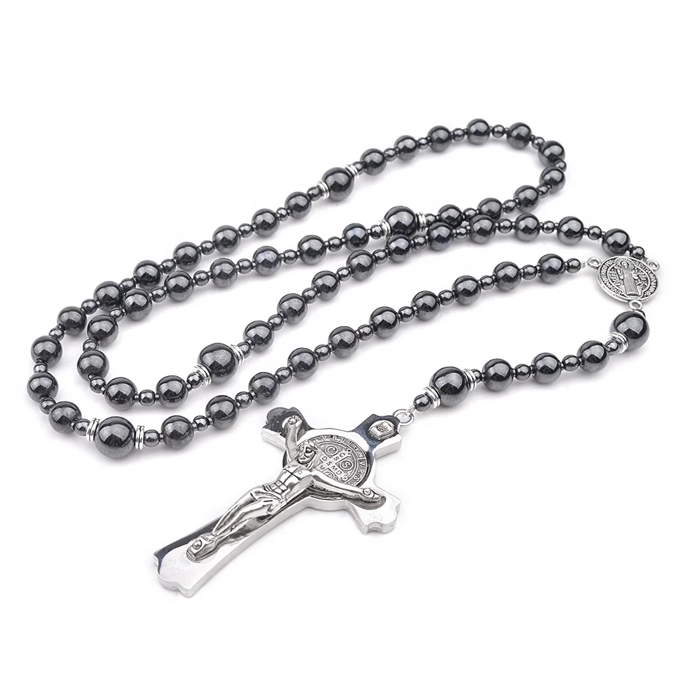 Hematite 8mm Natural Stone Beads Necklace  Saint Benedict Catholic Men Rosary