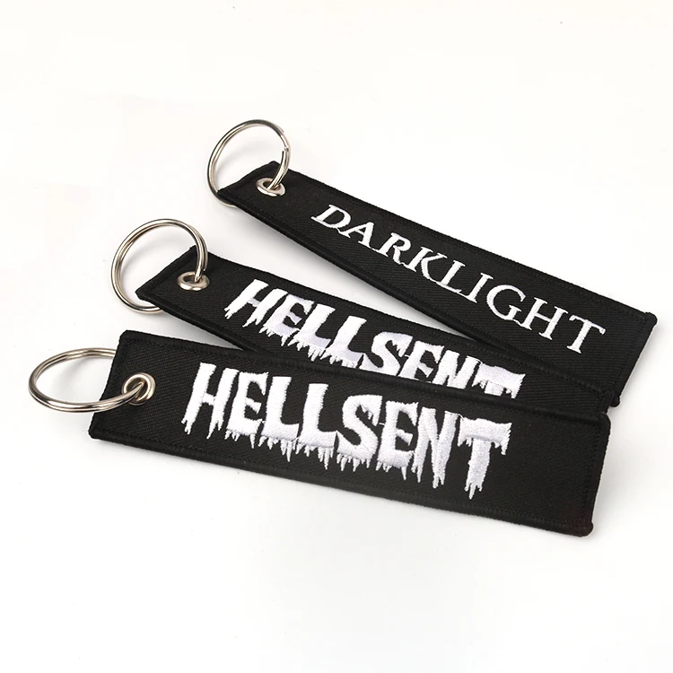 Wholesale Custom Private Brand Name Logo Promotional OEM Fully Embroidered Metal Ring Keychains