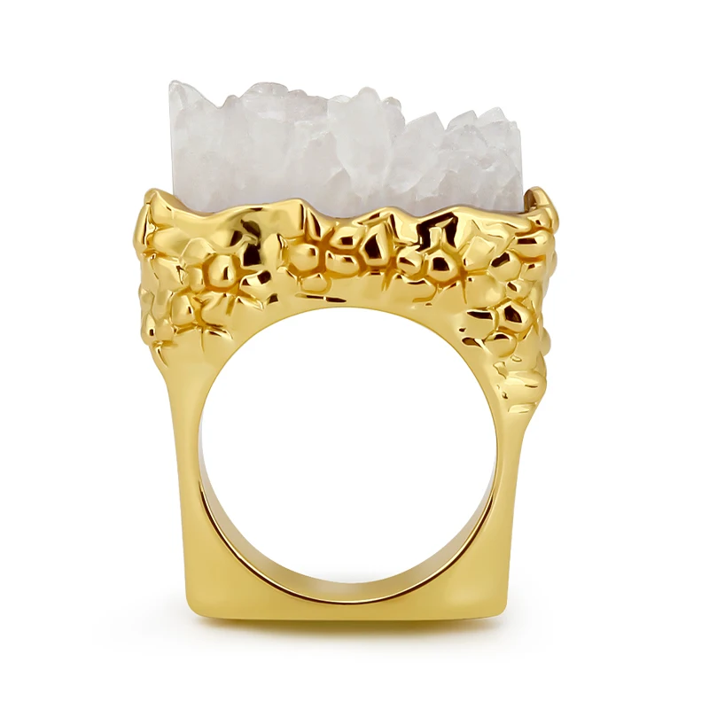 Jade White Semi-Precious Stone Ring for Women Pure Yellow Gold Color Copper Fashion Jewelry Chains Pattern Weddings Engagements
