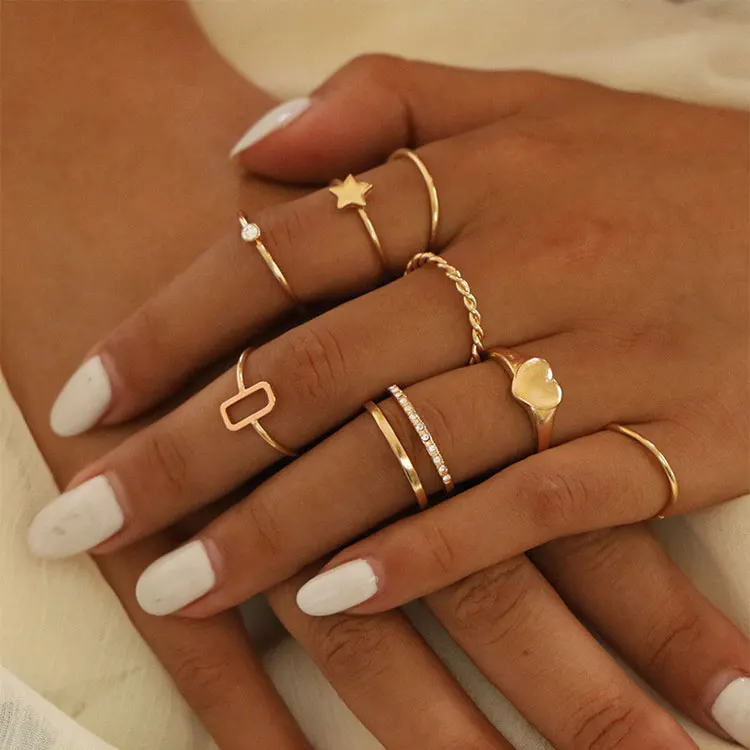 SC 8pcs/set Stackable Gold Finger Rings Jewelry Women Europe Personalized Adjustable Twist Chain Square Star Heart Ring Set
