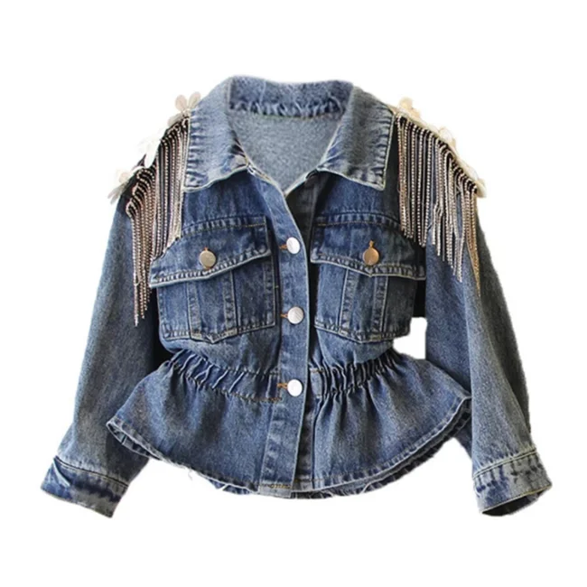 Демисезонная джинсовая куртка для маленьких девочек SE1795, дизайнерская джинсовая куртка в Корейском стиле для малышей