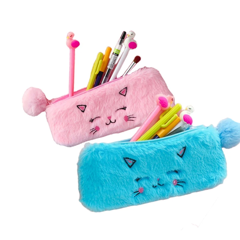 Korean stationery products online cartoon animal shaped cute kids pencil case bag school kids plush pen bag for girls