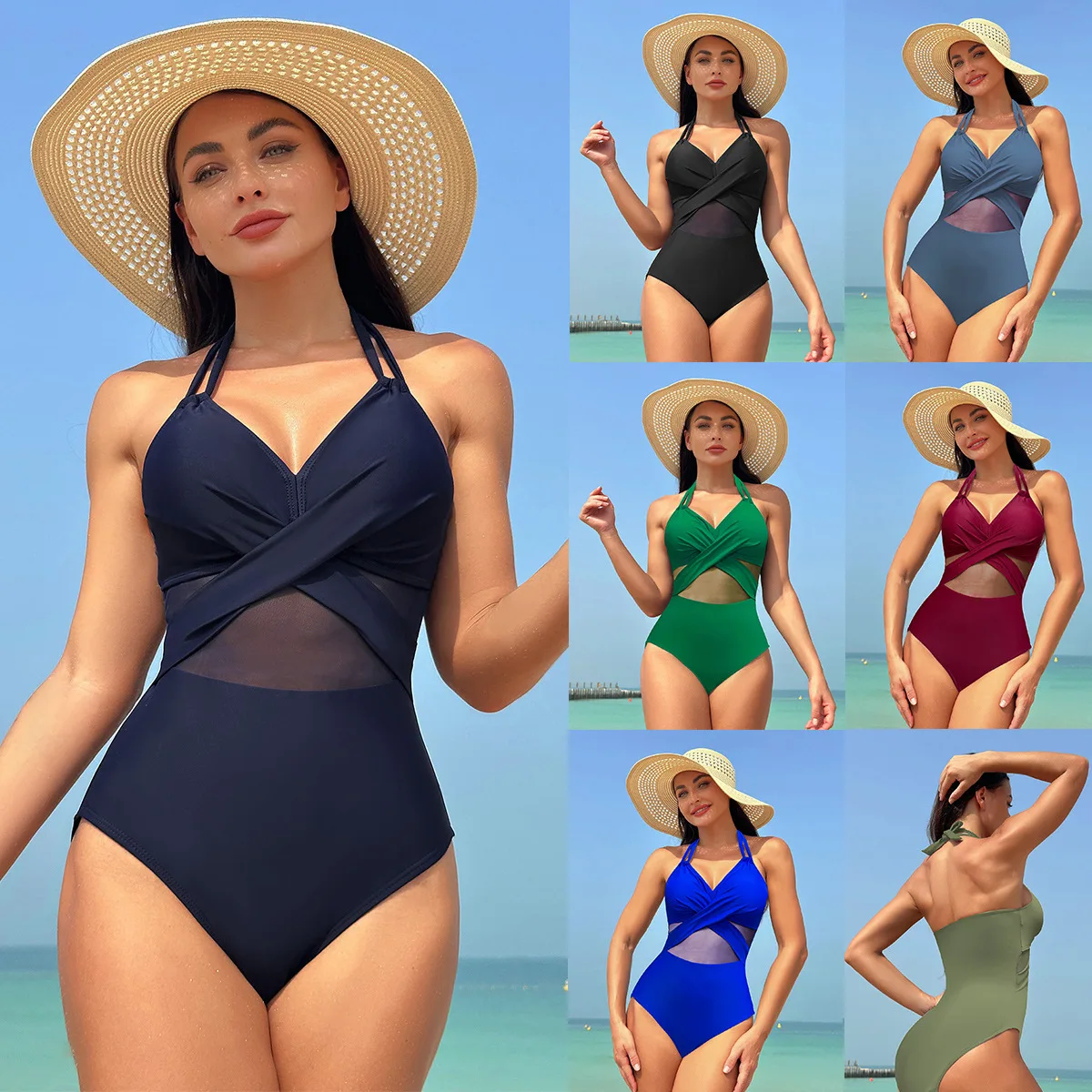 Wholesale one-piece swimsuit female sensual bikini large size plus pop women swimsuit solid color mesh bikini sexy swimsuit