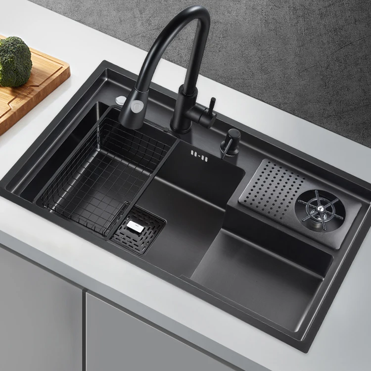 Stepped Nano Coating Stainless Steel Smart Kitchen Sink with Drain High Pressure Glass Washer for Sinks