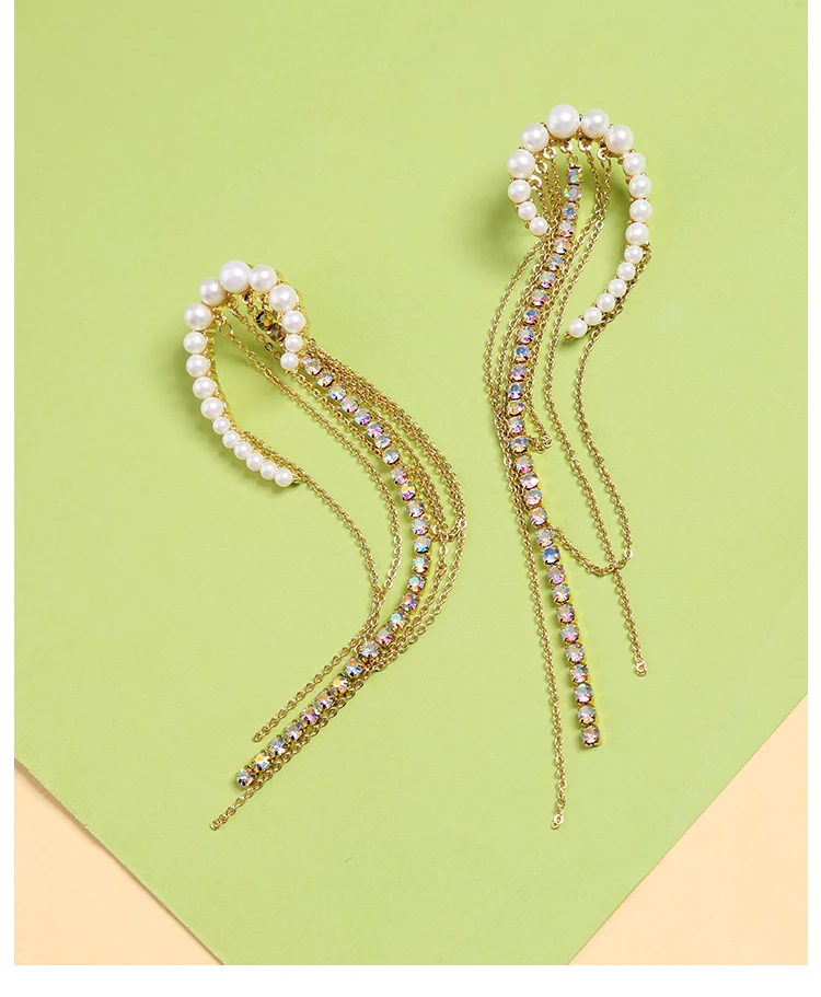 Fashion tassel chain earrings elegant dress vacation style accessories Swirl Pearl Wing Golden Earrings