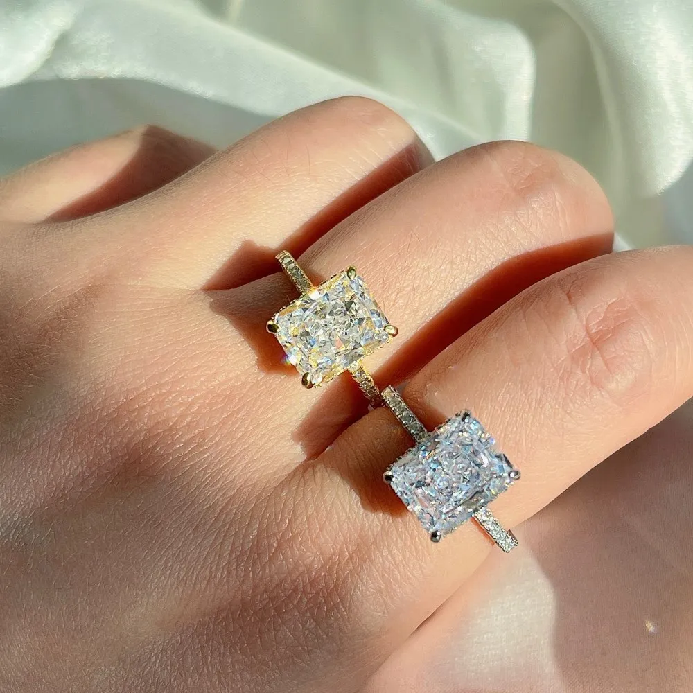 High Quality High 8A carbon diamond ice cut 8X10 Pink Blue Topaz CZ Rhodium Engagement Silver Rings Women 925 Sterling Silver