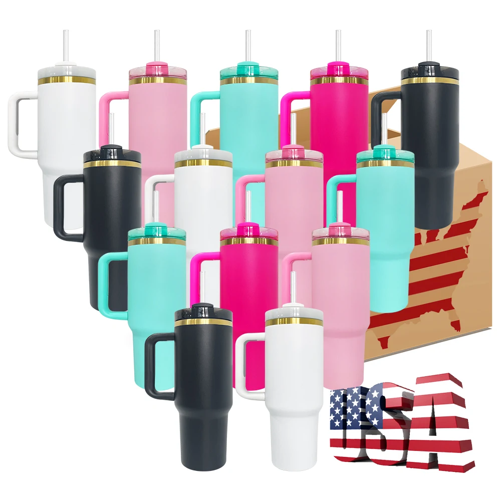 USA warehouse powder coated 40oz 30oz 20oz holographic rainbow plated car tumbler mugs cups with colored straw 2024 new style