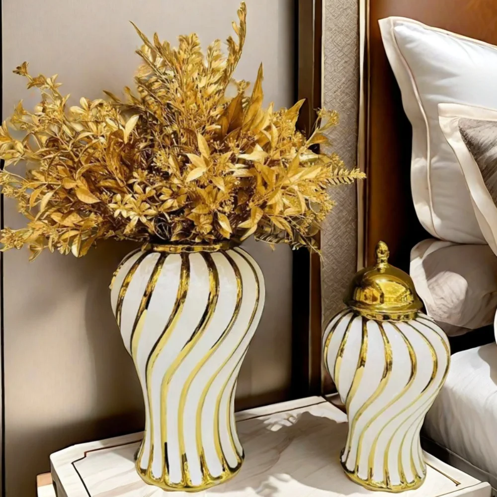 Nordic Luxury Big Flower Vase Home Decor Vertical Striped Gold Electroplated Porcelain Tall Ginger Jar Ornament for Lobby