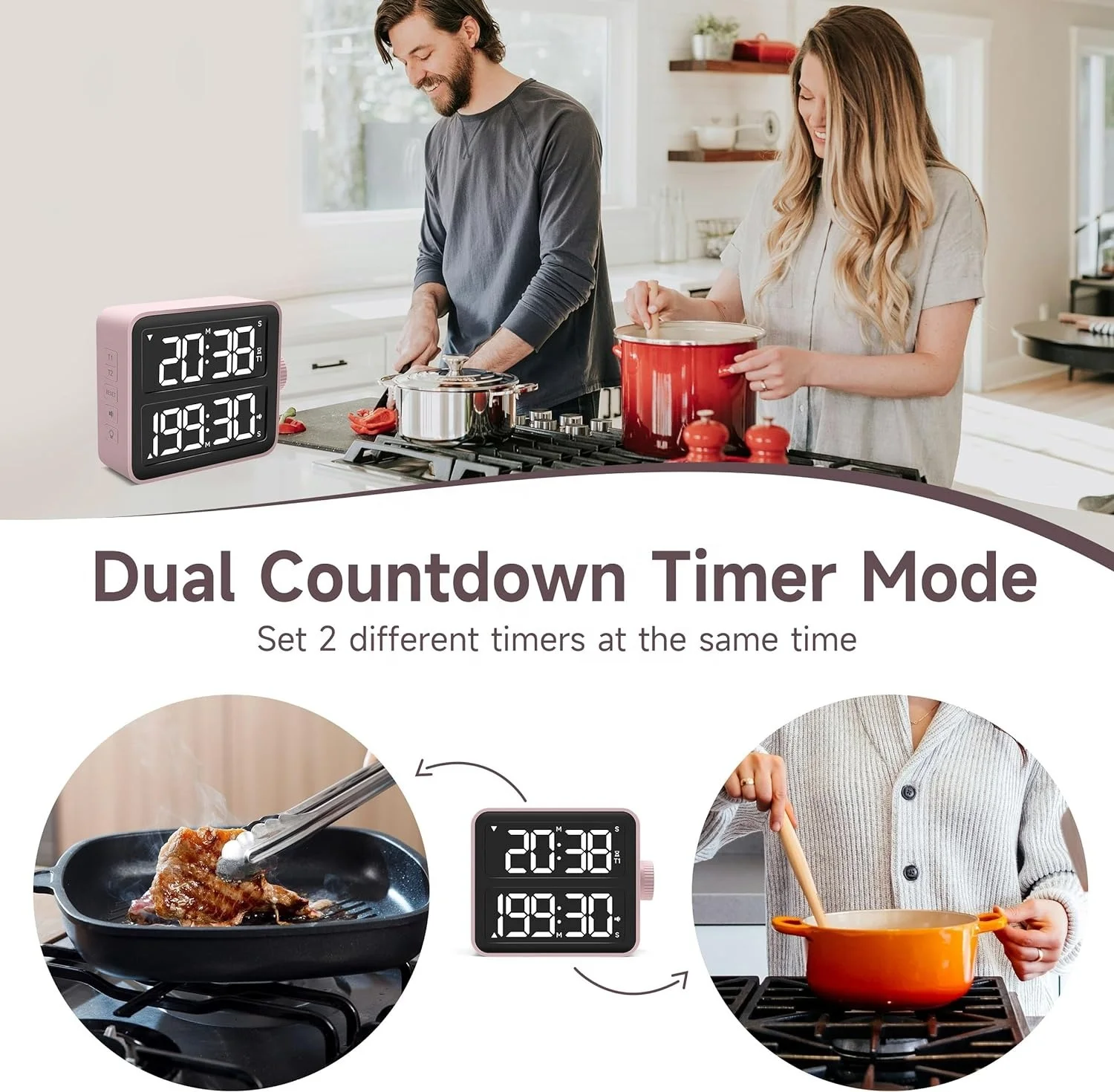 Pink LED dual screen timer positive countdown time 3 levels adjustable volume digital kitchen visual timer
