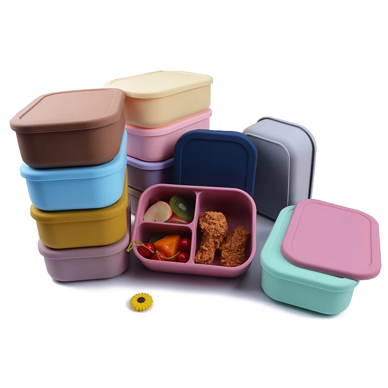 amazon hot selling Food Grade silicone lunch box Portable Kids Bento Box Silicone Food Storage Container with  3 Compartment