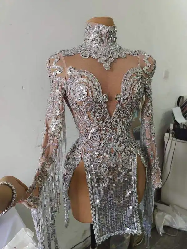 2022 luxury elegant dress clubwear Gogo Singer stage performance long sleeve tassel diamond sexy club dresses
