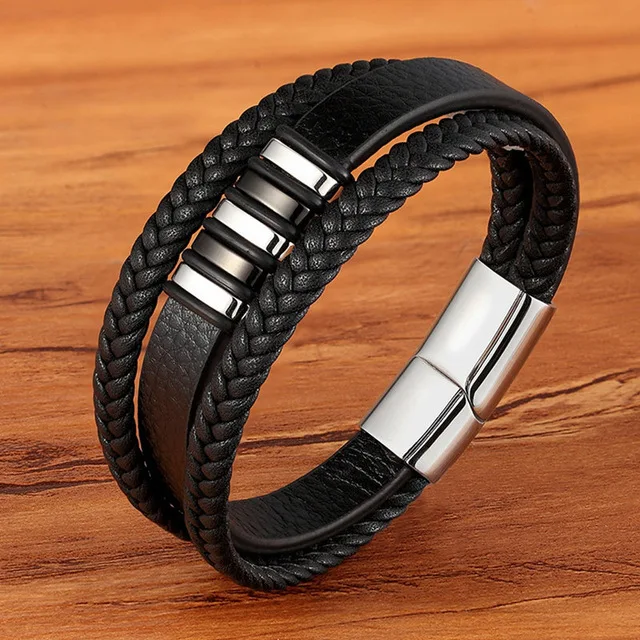 Hot Sale Gold Plated Genuine Bracelet Collier Inoxydables PVD Plated Stainless Buckle Mens Multi Layer Braided Leather Bracelet