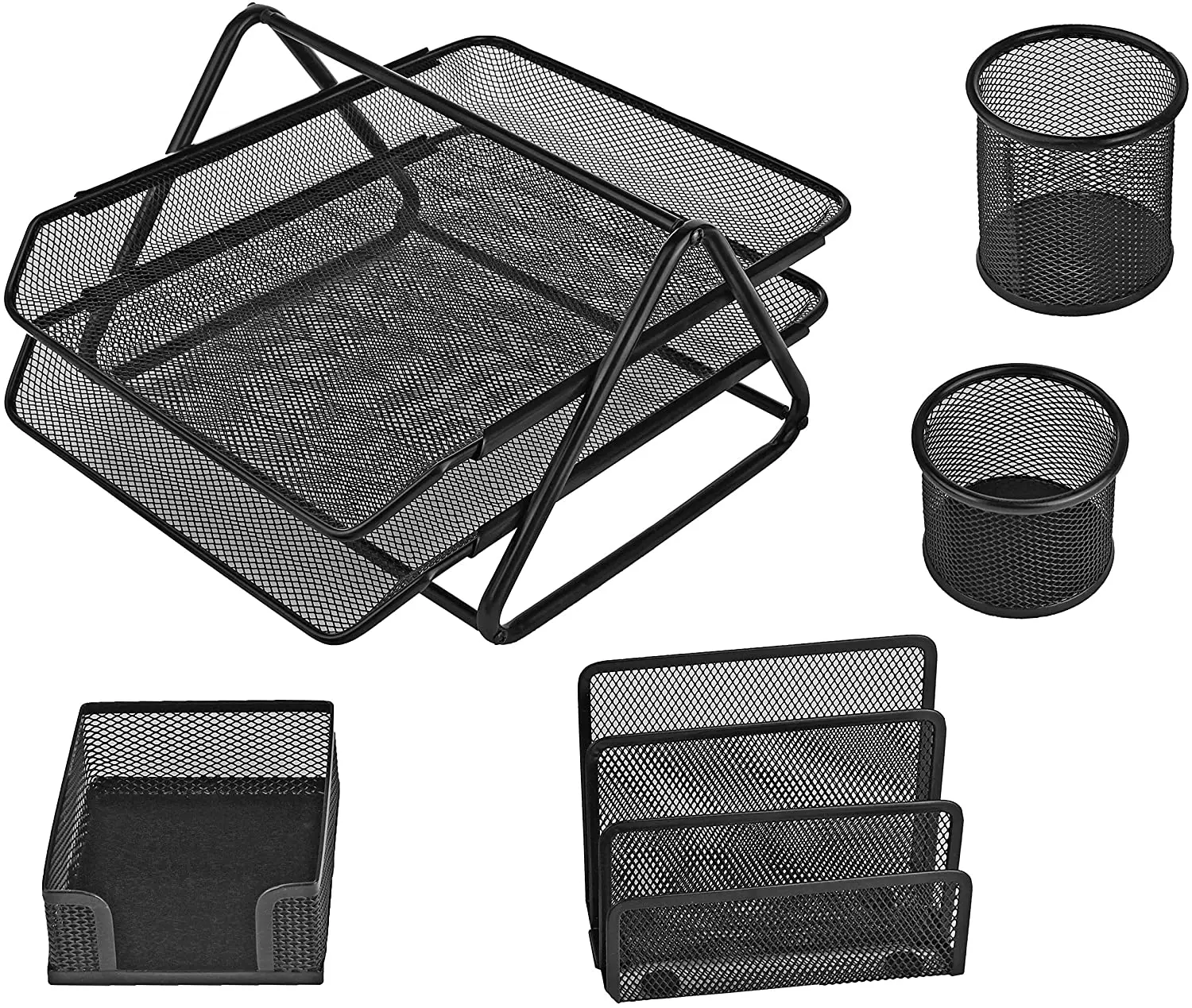 Office Black Metal Wire Mesh Office 5 Piece Desk Organizer Set with 2 Tiers Document tray ,Pen holder ,Memo Holder
