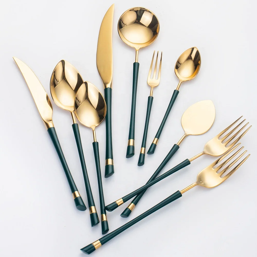 Wedding Plating green Handle Gold Flatware Sets Knife Fork And Spoon green and gold cutlery set manufacturers Flatware Cutlery