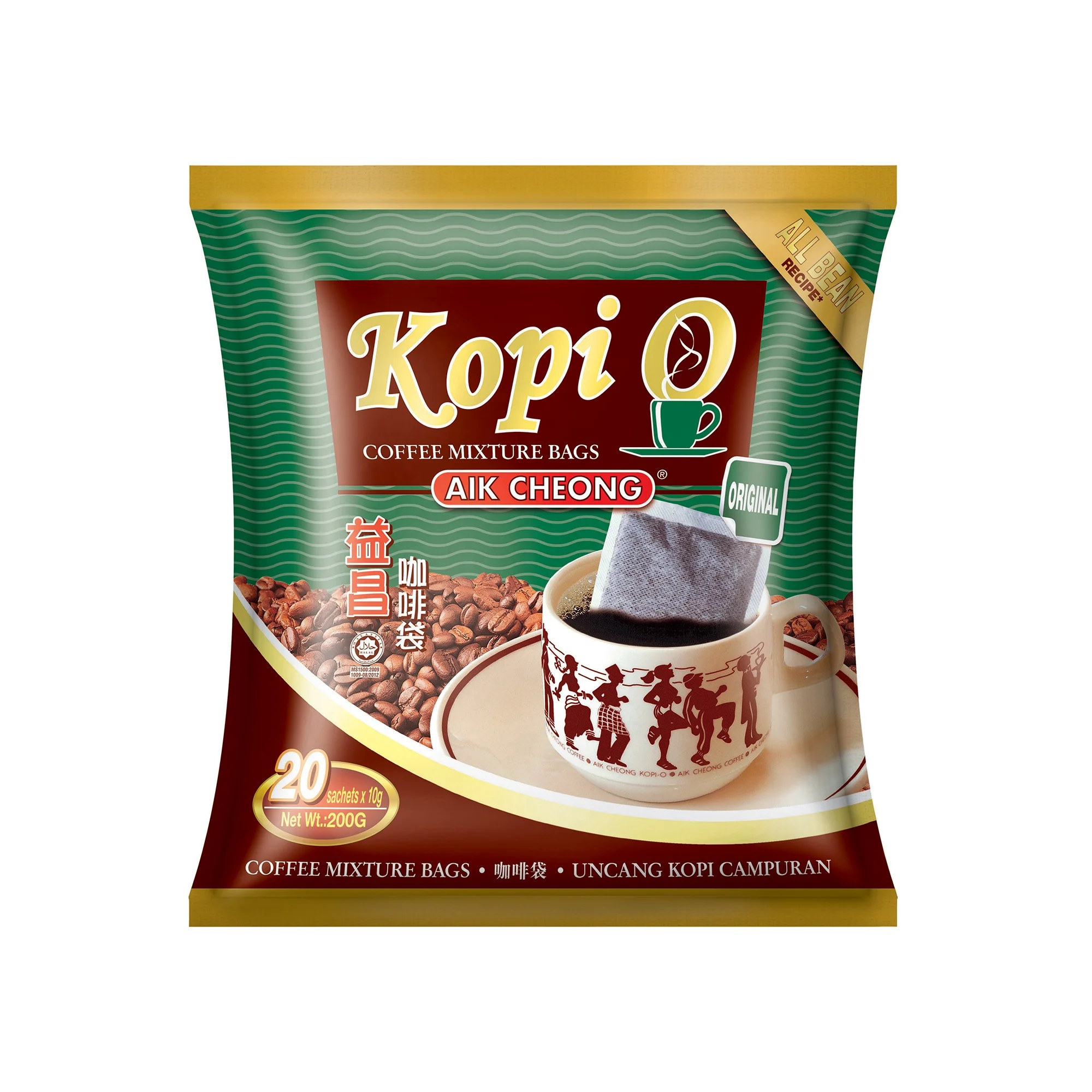 Пакеты Aik Cheong (оригинальные вкусовые) для растворимых кофейных смесей Kopi-O Малайзия (20 пакетиков x 10 г в индивидуальной