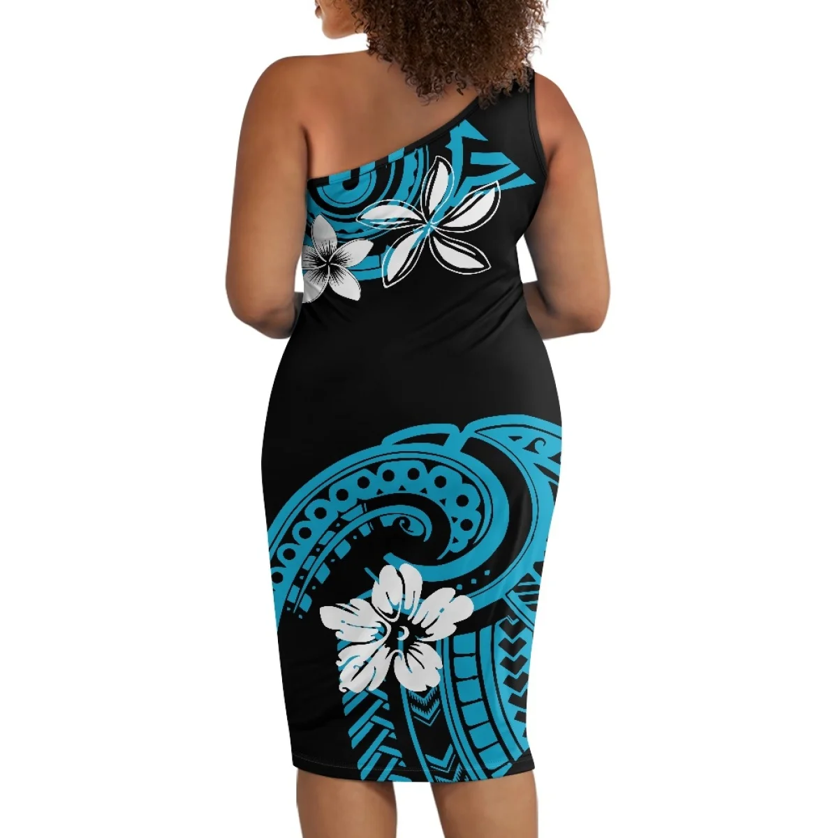 Polynesian Style Plus Size Sexy Bodycon Custom Tribal Tattoo with Hibiscus Plumeria Women One Shoulder Vestido Dress Wholesale