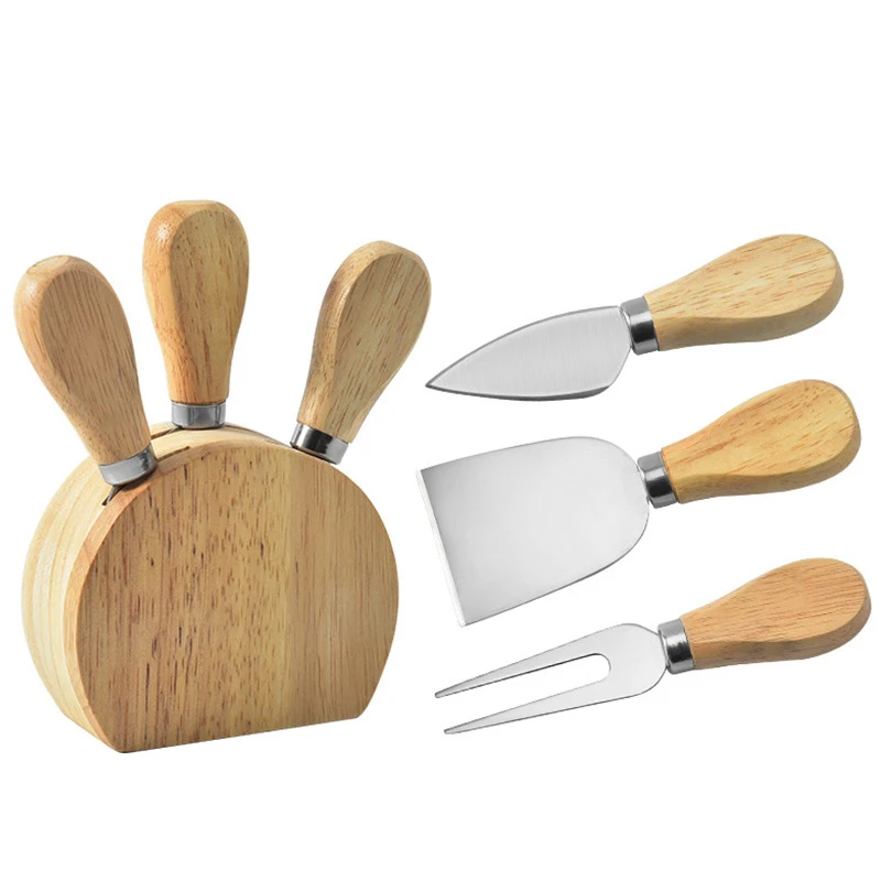 
3 pcs wooden handle cheese spreader 3 piece of cheese tools kit stainless steel cheese slicer with knife block 