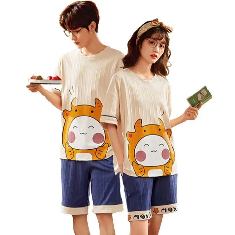 AIMINYZ 2023 Sleepwear Women Short Sleeve Knitted Cotton Short Sleeved Women And MenPullover Homewear Casual Clothes At Home